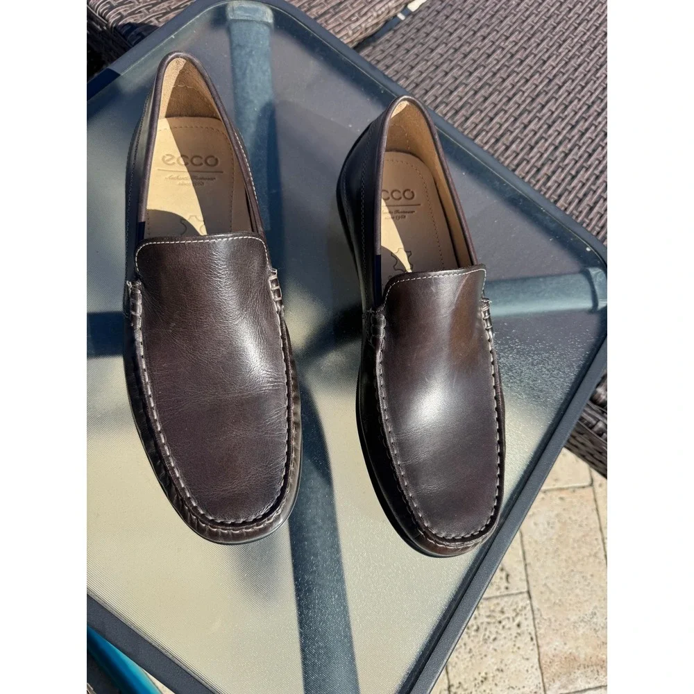 NWOB‎ ECCO Mens Dark Brown Leather Extra Width Slip On Loafer Shoes Size 43